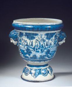 Large Delft blue and white mythological garden urn in the Baroque style