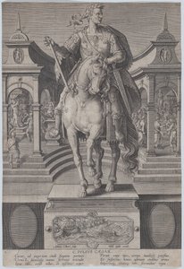 Equestrian statue of Julius Caesar, seen from the front, with a scene, ca. 1587-89