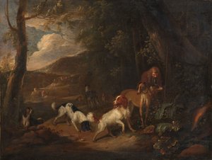 Hunter with Hounds at the Edge of a Wood