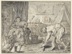 Man Cleaning the Floor while his Wife Sits by the Hearth by Adriaen Pietersz van de Venne