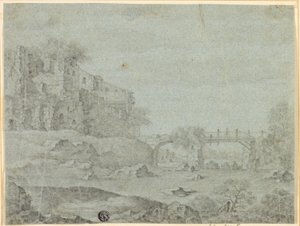 Ruins Overlooking River with Bridge