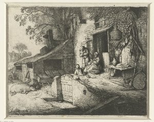 Spinning Woman in Front of a House by Adriaen van Ostade (signed by artist)