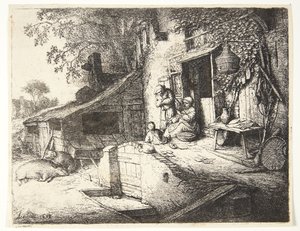 Woman Spinning in Front of a Farmhouse by Adriaen van Ostade