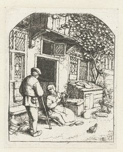 Spinner Sitting on the Threshold of a House Talking to a Man (The Spinner at the Door of the House) by Adriaen van Ostade