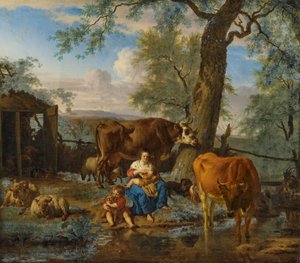 Cattle with Breastfeeding Woman and Child Playing with a Dog