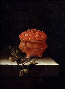 Strawberries and Gooseberries on a Stone Ledge
