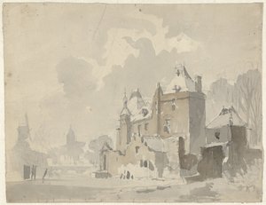 View of a Fantasized (?) Castle Near a Town by Adrianus Eversen