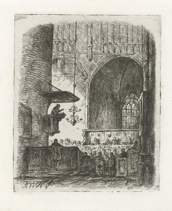 Church Interior with Service by Adrianus Wilhelmus Nieuwenhuyzen