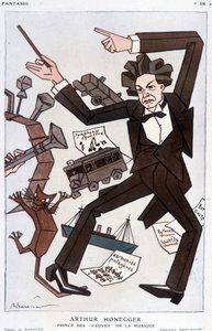 Cartoon of Arthur Honegger Prince of the Fauves of Music, Swiss composer (1892-1955) - by Barrère, in Fantasio from 01/01/1930