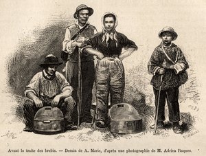 Before the sheep trade, all the staff of the farm were employed on this spot, boy, servant, under the supervision of the shepherd, milk was collected in the seilles (metal vase etame), engraving after a drawing by A. Marie, illustrating a journey to Roquef by Adrien Emmanuel Marie