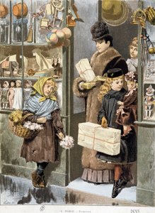 Poor girl selling small bouquets at the exit of a toy store where rich people come out (shopping for Christmas?) - drawing by Adrien Marie by Adrien Emmanuel Marie