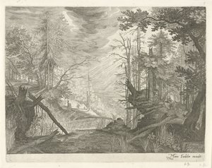 Three Hunters by a River in a Forest by Egidius  Sadeler (II)