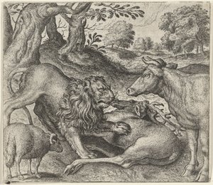 Fable of the Lion, the Cow, and the Sheep on the Hunt by Egidius  Sadeler (II)