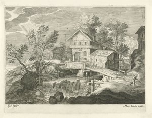Inn and Several Houses by a Bridge (Landscapes from Tyrol) by Egidius  Sadeler (II)