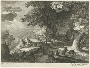 Wooden Bridge in a Forest Landscape (series: Landscapes from Tyrol) by Egidius  Sadeler (II)