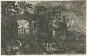 Night Scene with Fishermen on a River (series title) by Egidius  Sadeler (II)