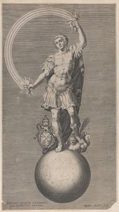 Allegorical figure of a warrior standing on a globe with the papal coat of arms, ca. 1588-1629 by Aegidius Sadeler II