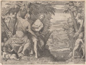 Angelica and Medoro, They Stand Next to a Stream as Medoro Carves Their Names by Aegidius Sadeler II