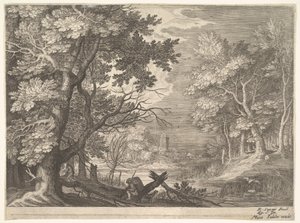 Woodland Scene with Marshy Banks, Two Men and a Dog in Profile at Left, Two Long-necked Birds by Aegidius Sadeler II