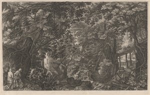 Hunters in a Forest near a Wooden Bridge by Aegidius Sadeler II after Pieter Stevens
