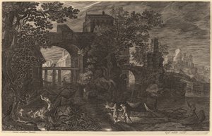 Nocturnal Landscape with River Fishermen outside City Walls by Aegidius Sadeler II after Pieter Stevens