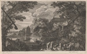 Riverscape with Fishermen by a Fortified Town by Aegidius Sadeler II after Pieter Stevens