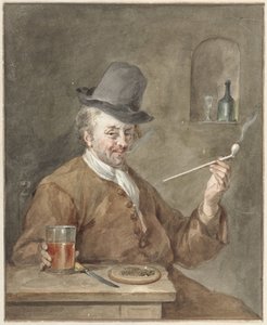 Man Smoking a Pipe at a Table with a Plate, a Knife, and a Glass