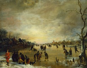 Winter Landscape at Sunset with People Playing Golf and Skating