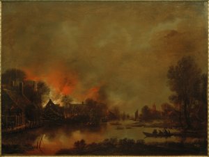 Nocturnal Canal Landscape with Fire in a Village