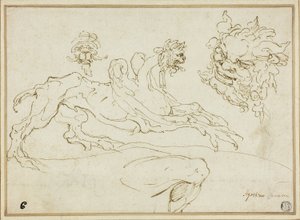 Four Sketches: Griffin, Grotesque Head, Head of Satyr, Bent Leg by Agostino Carracci