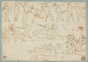 Frieze of Putti, Sketch of Lot and His Daughters, Sketch of Buildings by Agostino Carracci