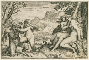 Omnia vincit Amor (Love Overwhelms Pan, Two Nymphs Under a Tree in a Landscape) by Agostino Carracci