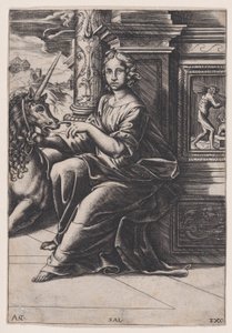 Chastity, a woman seated, a unicorn to her right by Agostino Veneziano
