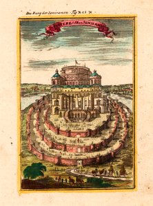 The Fortress and Hanging Gardens of the Legendary Queen Semiramis in Babylon - Fortress of Semiramis - Copper Engraving and Watercolour by Alain Manesson Mallet (1630-1706)