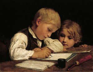 Boy writing with his sister by Albert Anker