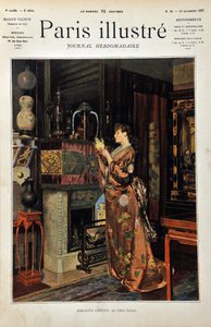 Chinese trinkets. A European woman dressed in the Orient observes her collection of Chinese objects. Illustration by Albert Aublet (1851-1938). Engraving from 1887 in 