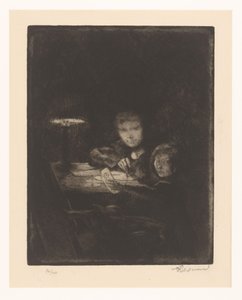 Children drawing at twilight by Albert Besnard (signed by artist)