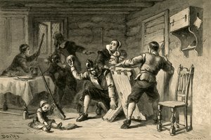 Puritans Barricading Their House Against Indians, 1877 by Albert Bobbett