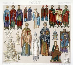Byzantine Costumes. Illustration in The historical costume by Racinet by Albert Charles August Racinet