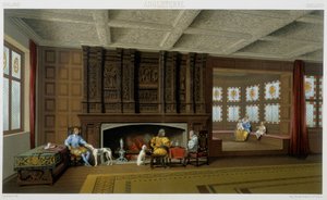 English Lord and His Family in His 17th Century Home. Chromolithographic Plate - in 