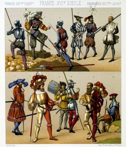 French military costumes in the 16th century. Chromolithographic plate - in Le costume historique by Racinet by Albert Charles August Racinet