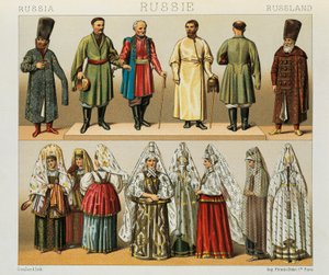 Historical Dress of the Russian People, Illustration from The Complete Costume History by Albert Charles August Racinet