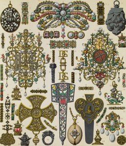 Seventeenth-century jewelry, lithography published in Le costume historique, Volume V by Albert Charles August Racinet