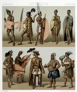 Traditional Cafrerie Costume (Meridional Part of Africa). Illustration in 