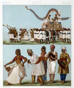 Transport, Music, Dance and Traditional Costumes of India. Illustration in 