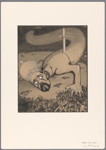 Design for a Political Cartoon: Snake with Crowned Head Stabbed by the Sword of Justice