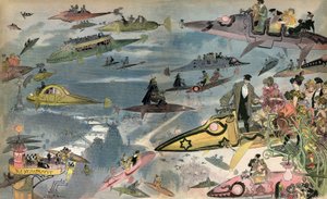 Anticipation: the release of the Paris Opera in 2000, seen by the designer Albert Robida in 1900. Parisians circulate through all kinds of air vehicles.