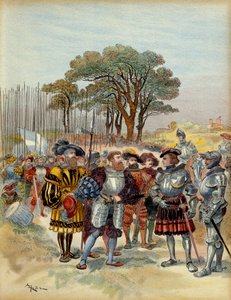 Fifth Italian War: at the camp retreated from the Bicocca in front of Milan, in 1516, the Swiss demanded pay, conge or battle, Odet de Foix, Viscount de Lautrec, marechal of France could not pay them. Illustration