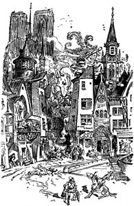 Giant Gargantua walks through Paris, sowing panic and destruction by Albert Robida