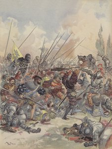 The King at Pavia, Falls from Horse, Injured, Fights Against the Swarm of Assailants Surrounding Him by Albert Robida